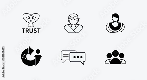 Set of Icons for Trust, Kindness, Community, Communication, and Sustainability