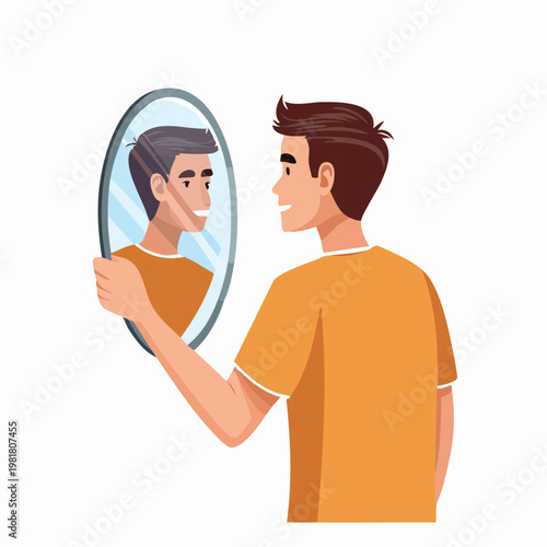 Young man looking into a handheld oval mirror silhouette with self esteem self reflection silhouette set black silhouette vector silhouette isolated on white silhouette collection icon set