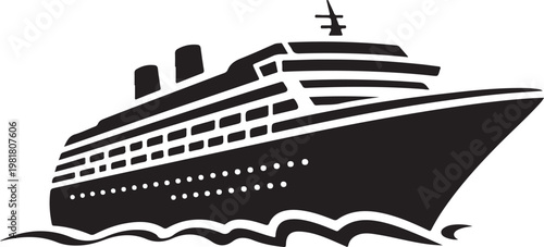 Cruise ship silhouette icon of large passenger liner on ocean waves for luxury travel agency or maritime transportation brochure.