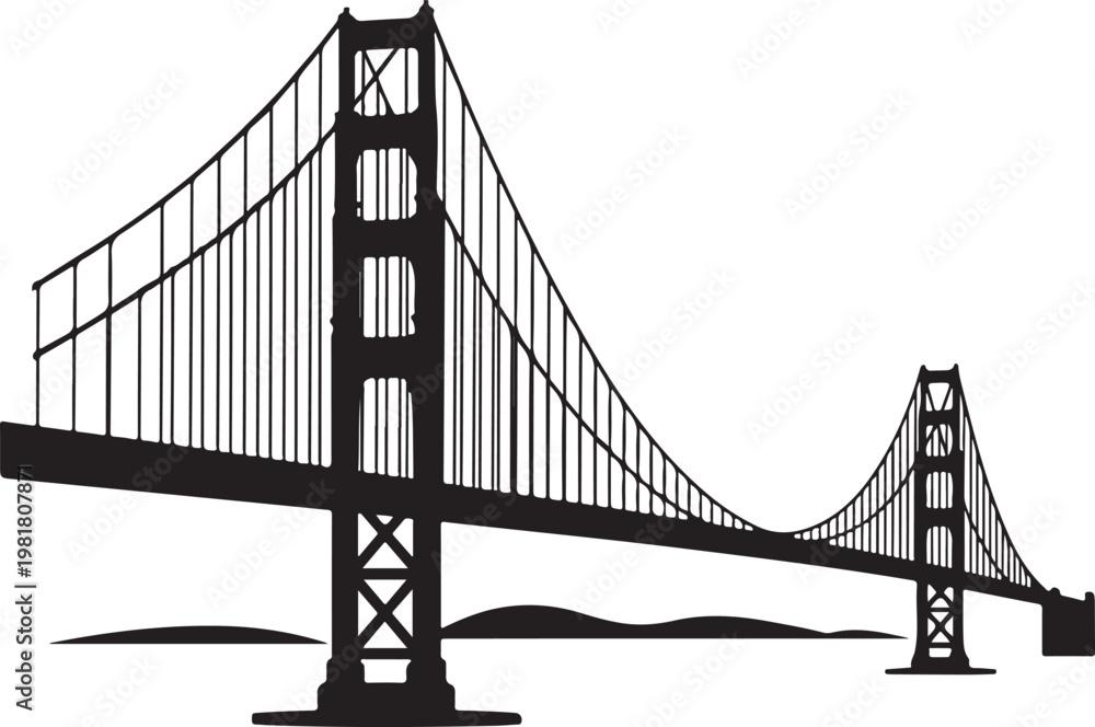 Fototapeta premium Golden Gate Bridge silhouette on transparent background for landmark and travel graphics.