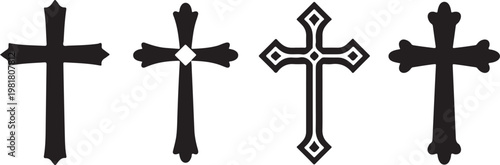 Collection of four ornamental cross silhouettes on transparent background for religious and symbolic graphics.