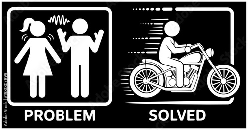 Funny Problem Solved Motorcycle Icon Humor Concept Man Biker Solution Illustration Black and White Vector