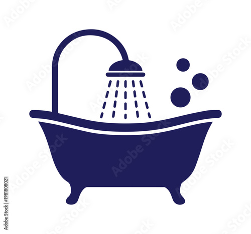 Classic clawfoot bathtub icon, dark blue silhouette with shower and water drops, elegant bathroom fixture vector graphic, isolated on white for home decor and hygiene designs.
