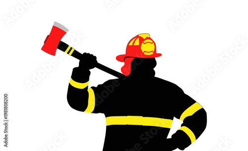 Vibrant graphic illustration depicting a courageous firefighter in full protective gear, standing ready with an axe, symbolizing emergency readiness and dedicated public service