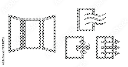 Air conditioning and ventilation system icons, a minimalist black and white vector set for HVAC design. Modern climate control symbols, air flow, and fan elements for web and app interfaces.