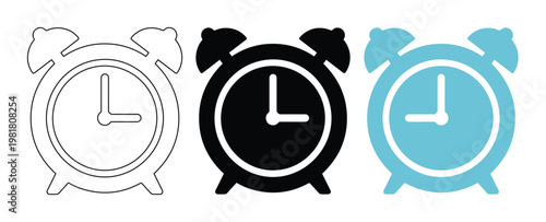 Alarm clock icon set, three distinct time symbols, black outline, solid black, and blue vector graphics for scheduling and reminders