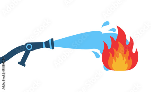 Firefighter's hose spraying water to extinguish a large, vibrant fire, symbolizing safety and emergency response efforts