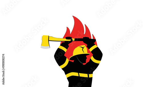 Dynamic illustration of a brave firefighter wielding an axe against vibrant flames, symbolizing heroic emergency response, vital safety, and dedicated fire rescue efforts