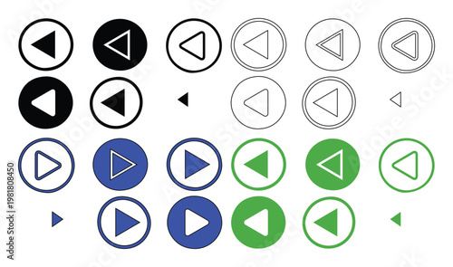 Modern media player controls vector set, sleek black, blue, and green play and rewind buttons, user interface design elements, digital navigation icons