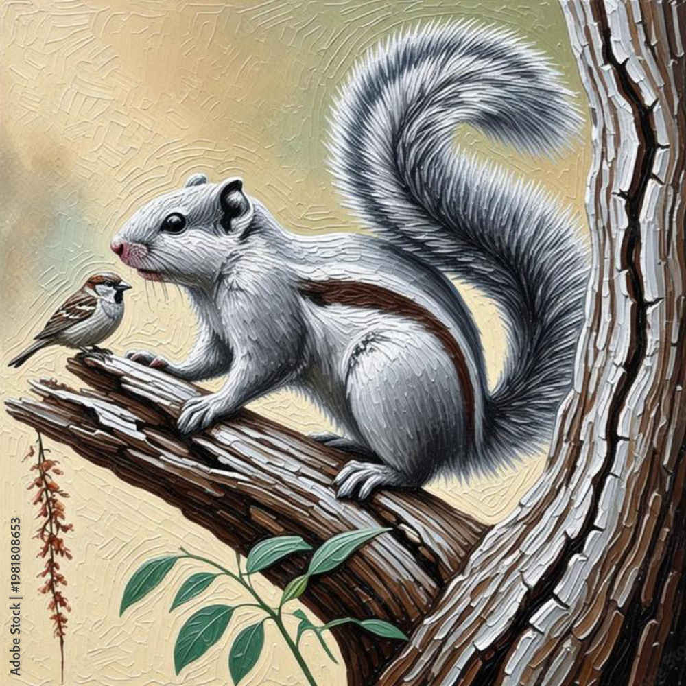 Fototapeta premium Squirrel and a sparrow on tree I Wall Decor 