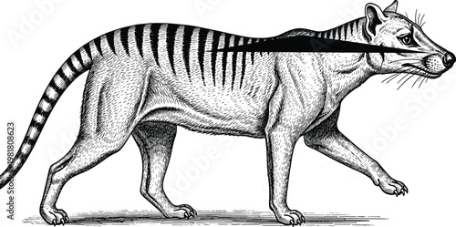 Vintage engraving of a Tasmanian tiger thylacine extinct carnivorous marsupial from Australia with distinctive stripes in a traditional woodcut style