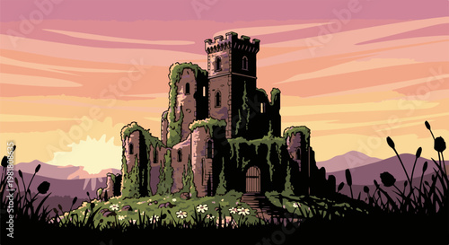Pixelated ancient castle ruins overgrown with ivy under a soft sunset sky