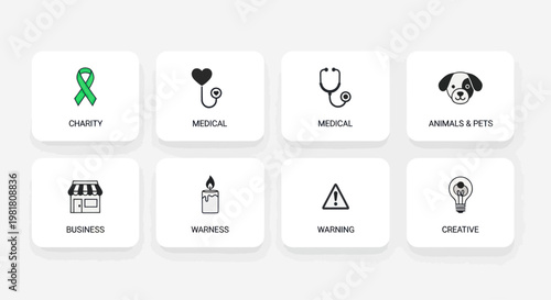 Set of icons representing charity, medical, business, pets, warning, and creative ideas