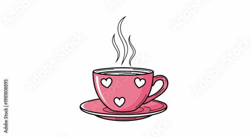 Pink teacup with white hearts and steam, on saucer
