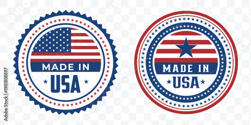 Premium Quality Made in USA Round Label Collection, Certified USA Product Logo in Red, White, and Blue