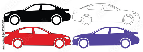 Modern sedan car vector set, four passenger vehicle illustrations in black, white, red, and blue, ideal for automotive design, transportation graphics, and infographic elements