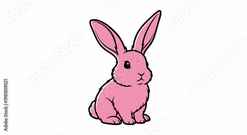 Pink cartoon rabbit with large ears and black outline sitting