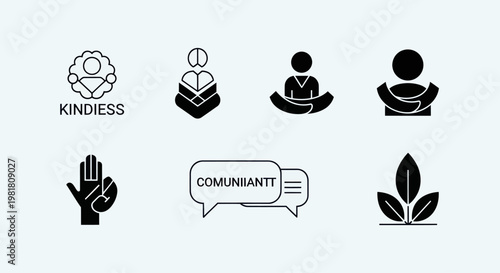 Set of Icons Representing Kindness, Community, Communication, and Growth