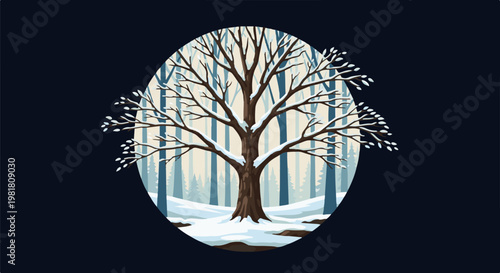 Pixel art of a bare, snow-covered tree in a forest clearing