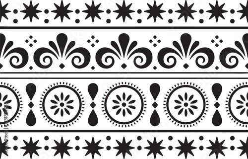 Mexican folk art style seamless border pattern with mandalas and geometric stars for traditional textile and embroidery projects.