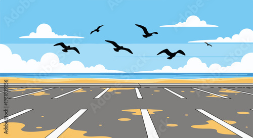 Pixel art of a beach parking lot with seagulls flying in a cloudy sky
