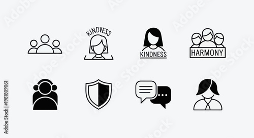 Set of Icons Representing Kindness, Harmony, Protection, and Communication