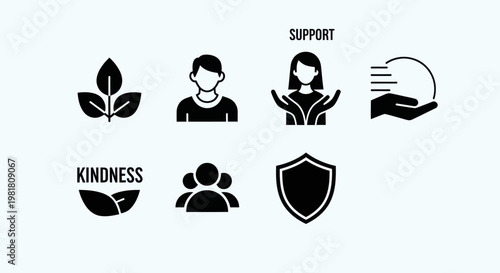 Set of icons representing kindness, support, community, growth, and protection