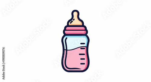 Pink baby bottle with measurements, nipple, and cap