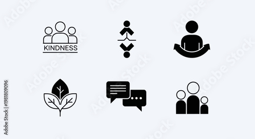 Set of Icons Representing Social Concepts: Kindness, Unity, Support, Nature, Communication, Community