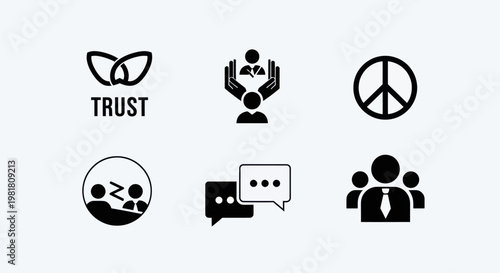 Set of icons representing trust, peace, communication, and teamwork