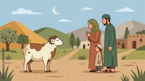 A conceptual flat design illustration symbolizing the Qurban sacrifice for Eid al-Adha, featuring a stylized animal alongside a Muslim family. This minimalist 2D vector artwork uses a limited color.