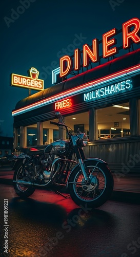 Vintage Motorcycle Parked Outside Retro Diner at Night with Neon Signs.