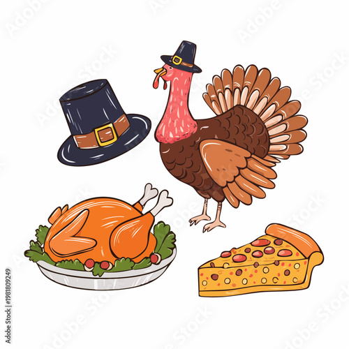 Whimsical hand drawn doodle style set featuring Thanksgiving holiday elements a charming pilgrim turkey, a delicious roasted turkey meal, a sweet pie slice, and a classic pilgrim hat illustration