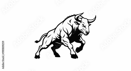 Powerful charging bull, depicted in a dynamic black and white illustration