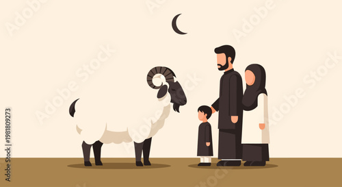 A conceptual flat design illustration symbolizing the Qurban sacrifice for Eid al-Adha, featuring a stylized animal alongside a Muslim family. This minimalist 2D vector artwork uses a limited color.