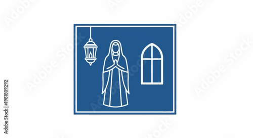 Prayerful figure before arched window with hanging lantern illustration
