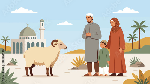 A conceptual flat design illustration symbolizing the Qurban sacrifice for Eid al-Adha, featuring a stylized animal alongside a Muslim family. This minimalist 2D vector artwork uses a limited color.