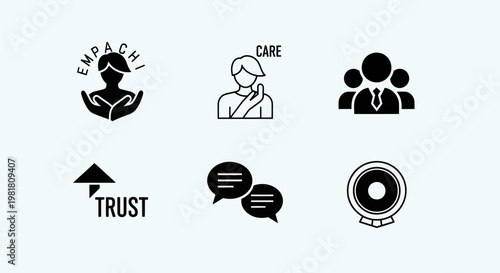 Set of Icons representing empathy, care, teamwork, trust, communication, and quality.
