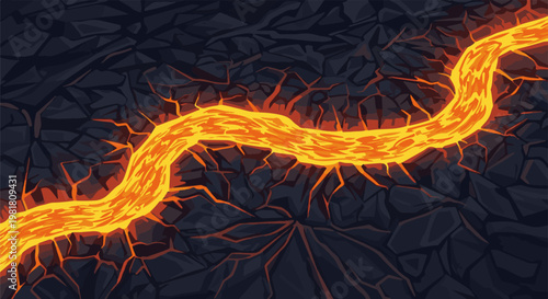 Pixel art molten lava flowing through dark, cracked earth