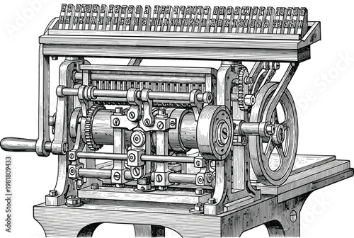 Valokuva Vintage Typesetting Machine Illustration, Antique Printing Press Mechanical Engr