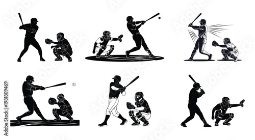 Set of black and white baseball silhouettes featuring batters and catchers in various dynamic action poses and styles