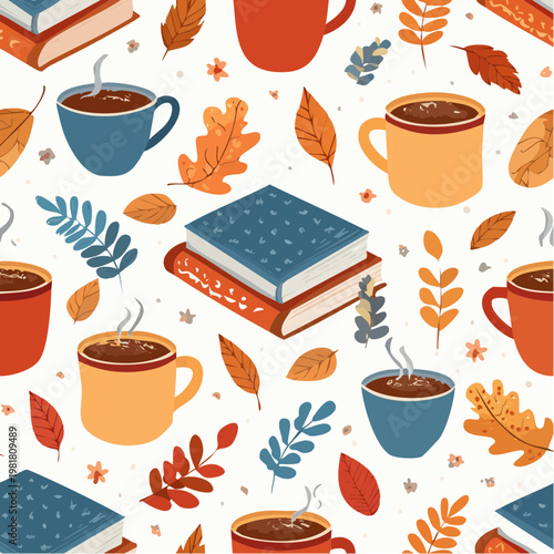 Cozy Autumn Pattern Coffee Cups, Books, and Fall Leaves - Hygge Lifestyle Textile Design