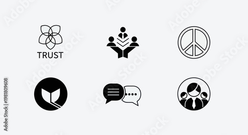 Set of Simple Icons: Trust, Teamwork, Peace, Learning, Communication, Business