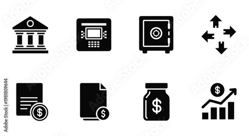 Banking and finance icon set, black solid vector symbols for business, money management and investment graphics, 8 elements for web design