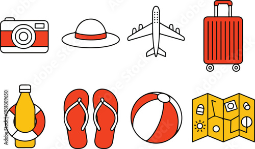 Travel summer vacation icons camera hat airplane luggage lifebuoy flip-flops beach ball map adventure tourism.