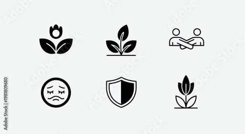 Set of Six Simple Icons: Plant, Growth, Friendship, Sadness, Shield, Flower