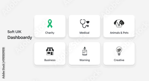 Soft UI Dashboard Icons: Charity, Medical, Pets, Business, Warning, Creative