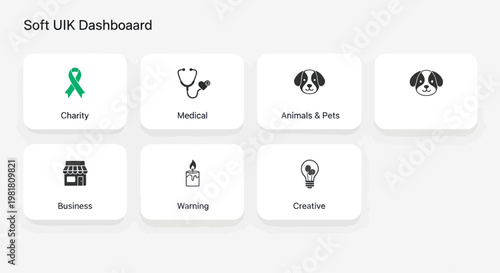 Soft UI Dashboard Icons: Charity, Medical, Pets, Business, Warning, Creative