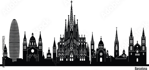 World landmarks collection with Barcelona city skyline St Peters Basilica Mexico City monuments and Asian temple silhouettes black vector illustration set