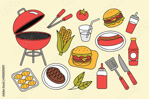 Barbecue party food and equipment elements including red grill burger hot dog steak corn vegetables and cooking utensils set art.